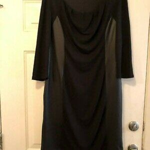 FOLEY'S Sz 13/34 (L) Black A-Line Dress 3/4 Sleeve Cowl Neck Stretch Lined